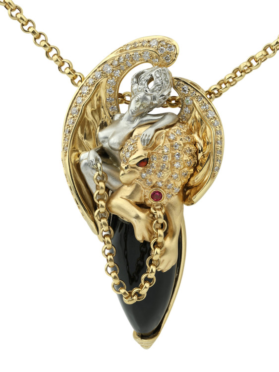 Колье из лимонного золота 585 пробы c эмалью, бриллиантами, рубином, ониксом и рубином