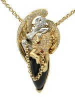 Колье из лимонного золота c эмалью, бриллиантами, рубином, ониксом и рубином