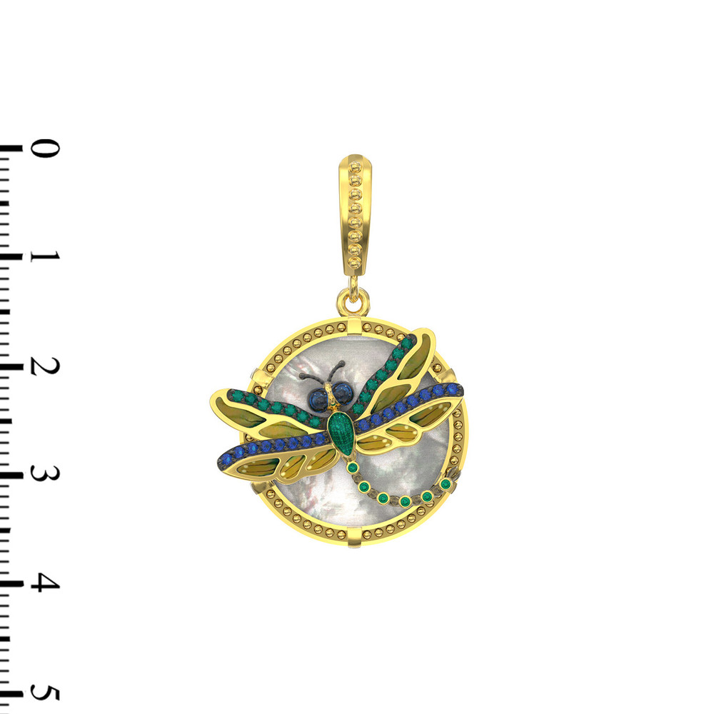 Подвеска из лимонного золота 585 пробы c сапфиром, изумрудом, эмалью и перламутром