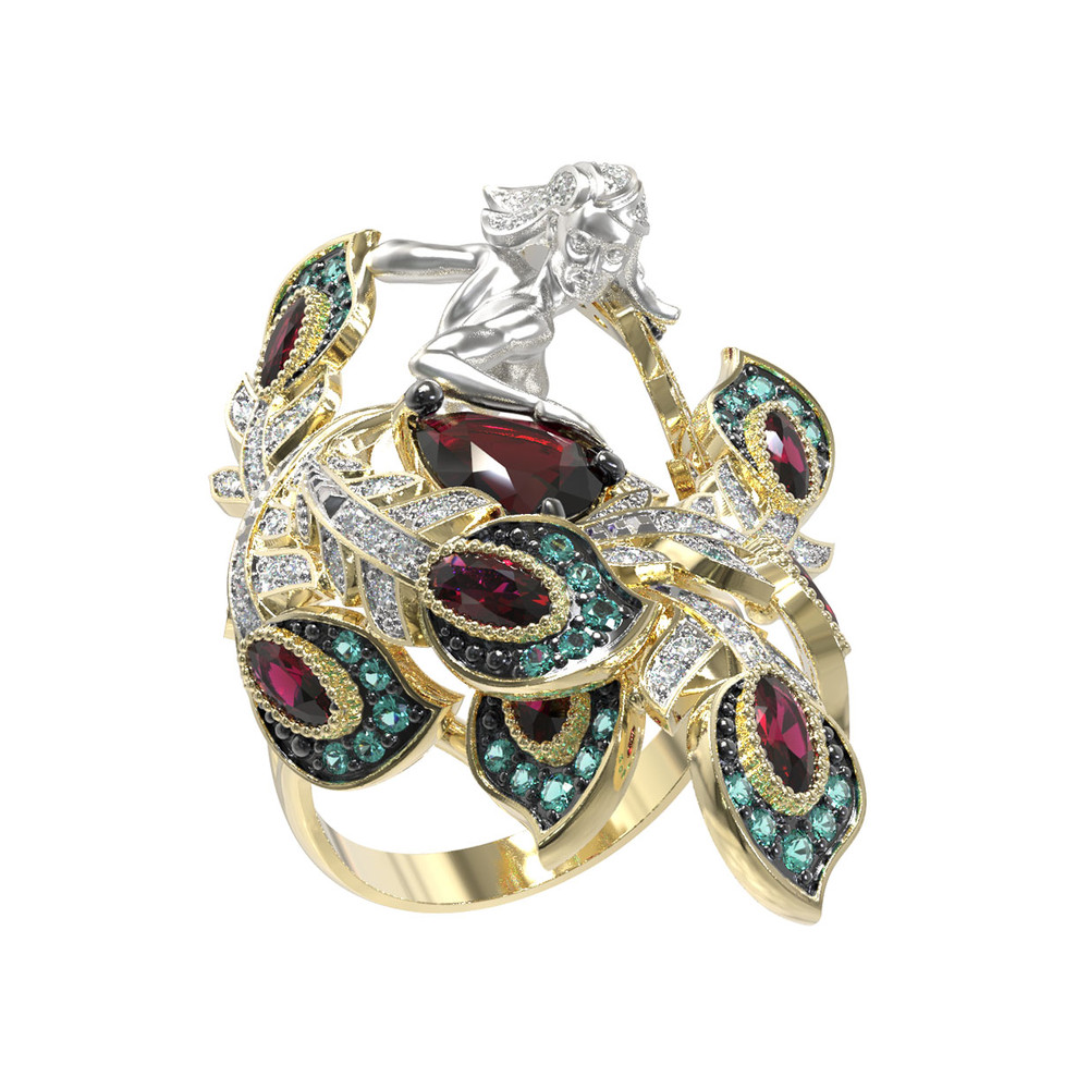 Кольцо из лимонного золота 585 пробы c фианитом и гранатом