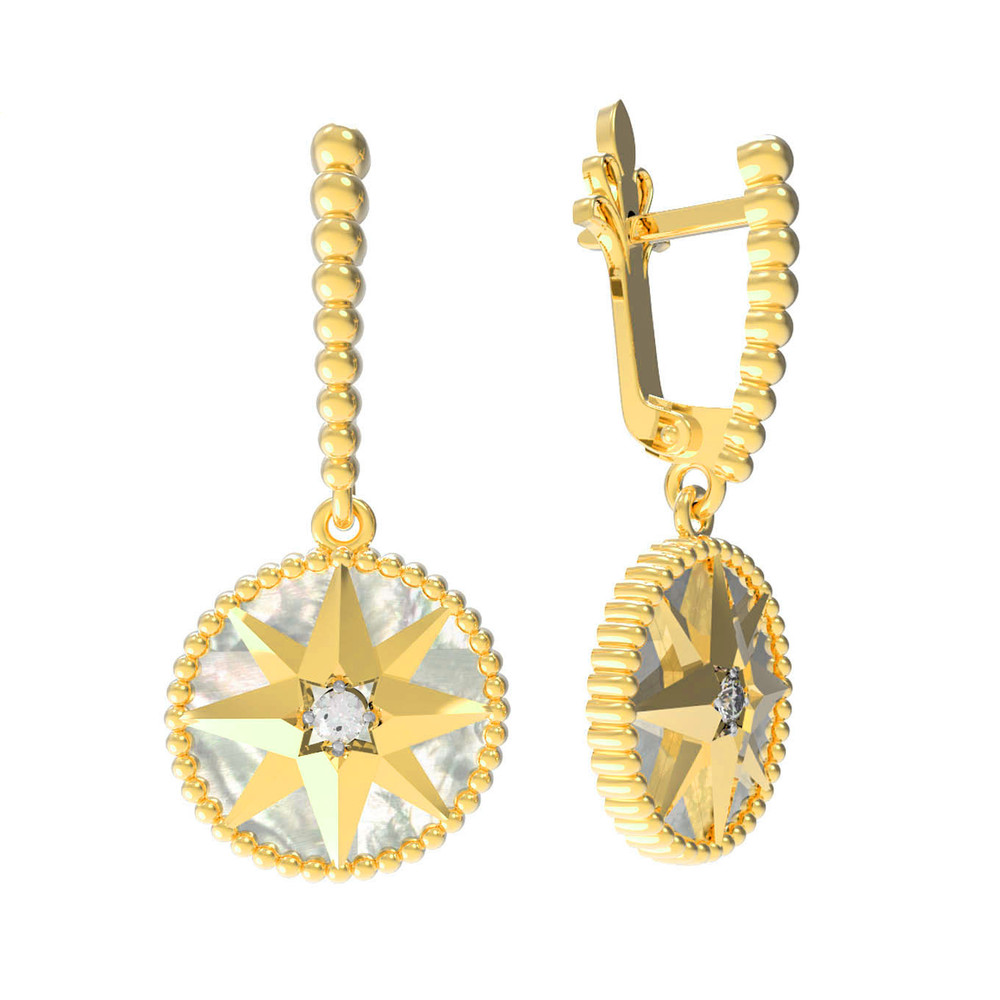 Серьги из лимонного золота 585 пробы c фианитом и перламутром