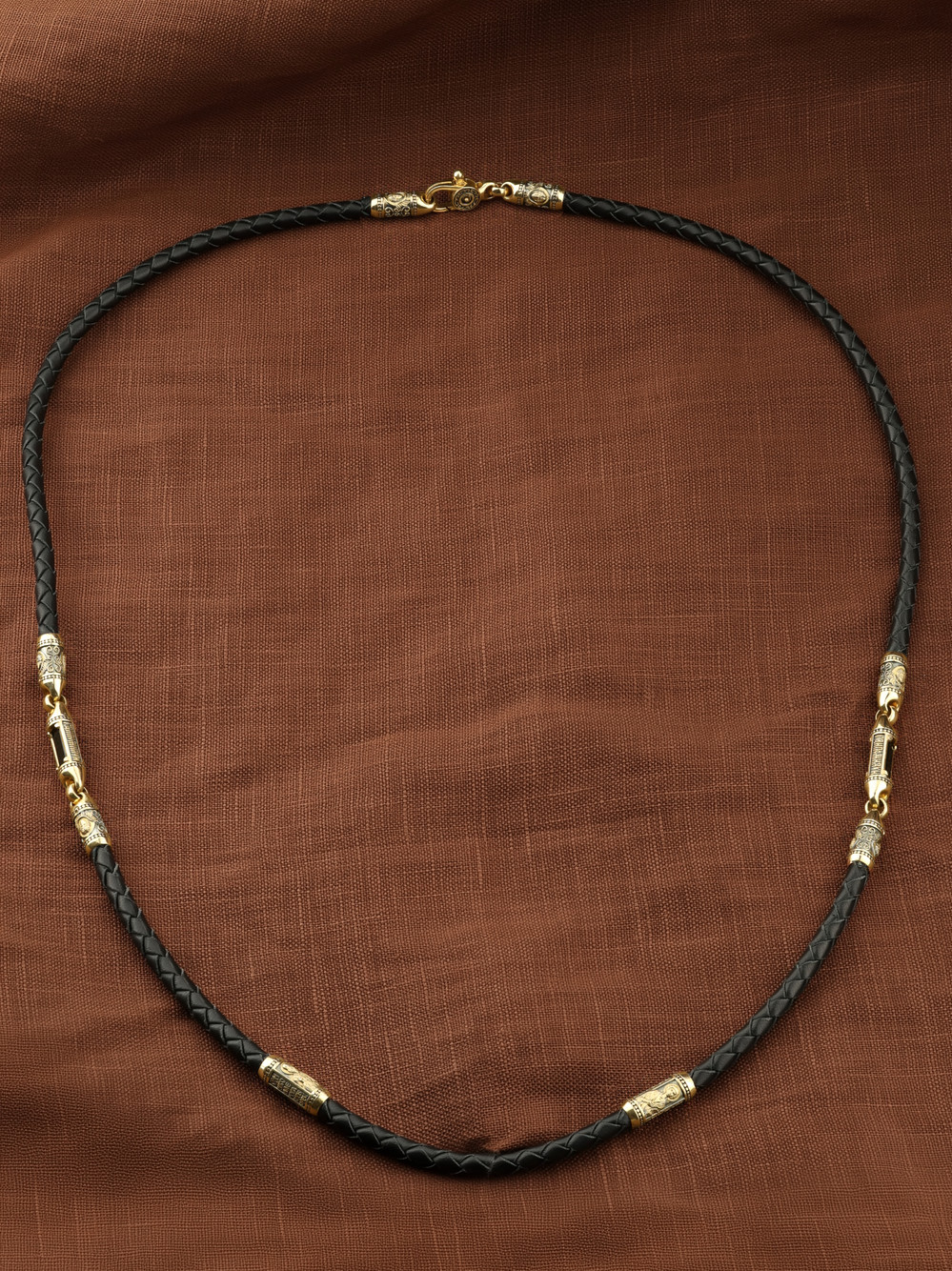 Цепь-шнурок кожа из лимонного золота 585 пробы c кожаным шнурком и ониксом