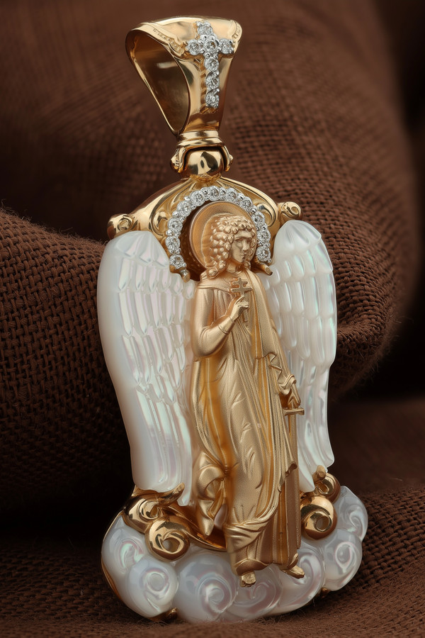 Нательная икона из красного золота 585 пробы c бриллиантами и перламутром