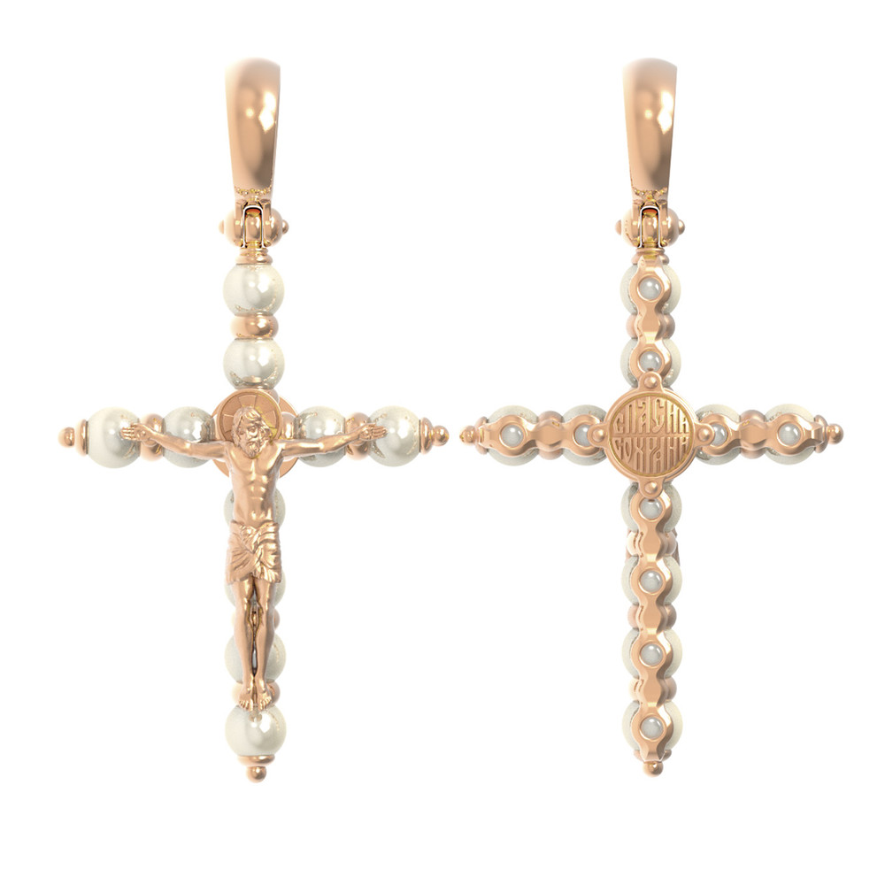 Крест из красного золота 585 пробы c жемчугом