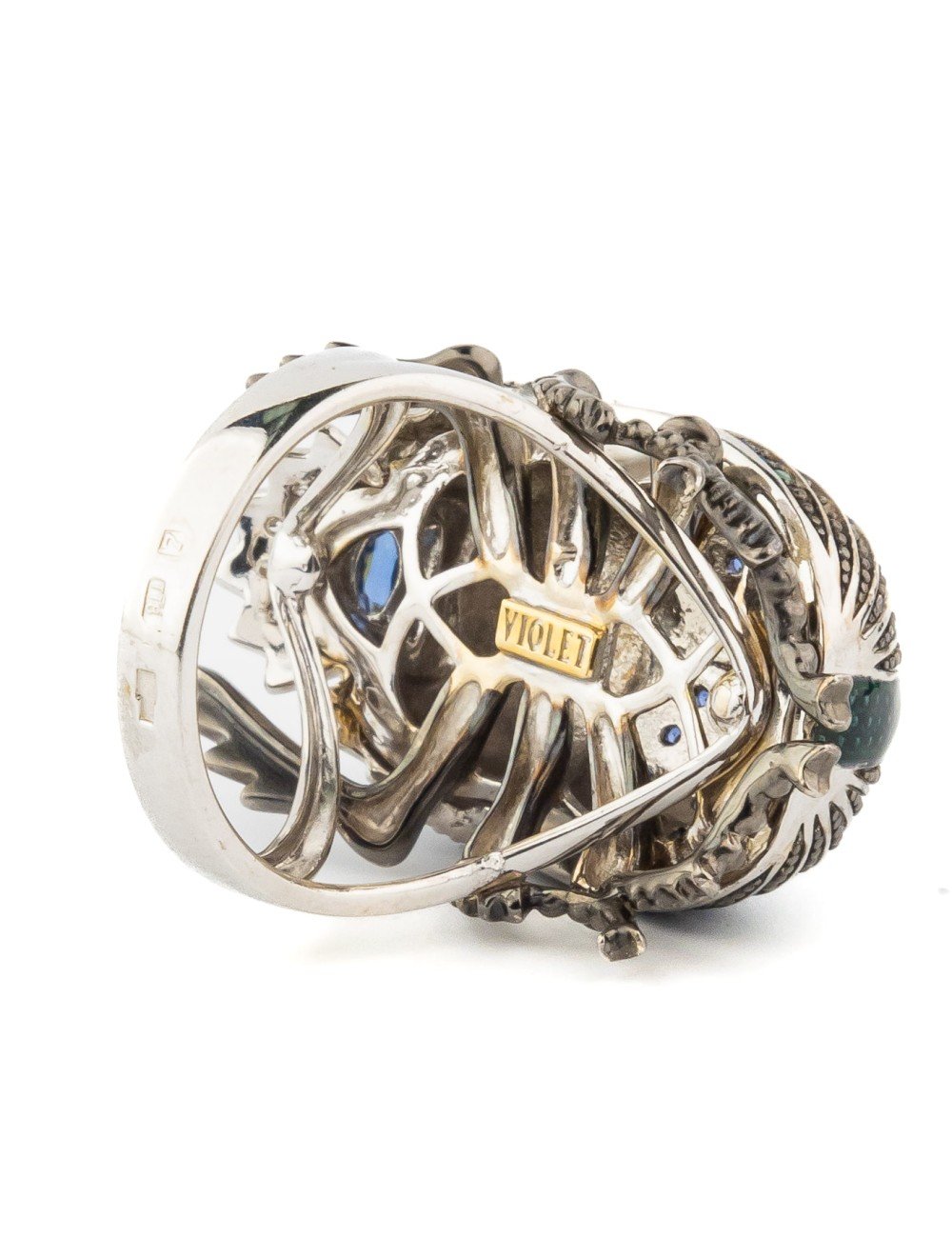 Кольцо из белого золота c эмалью, фианитом и сапфиром