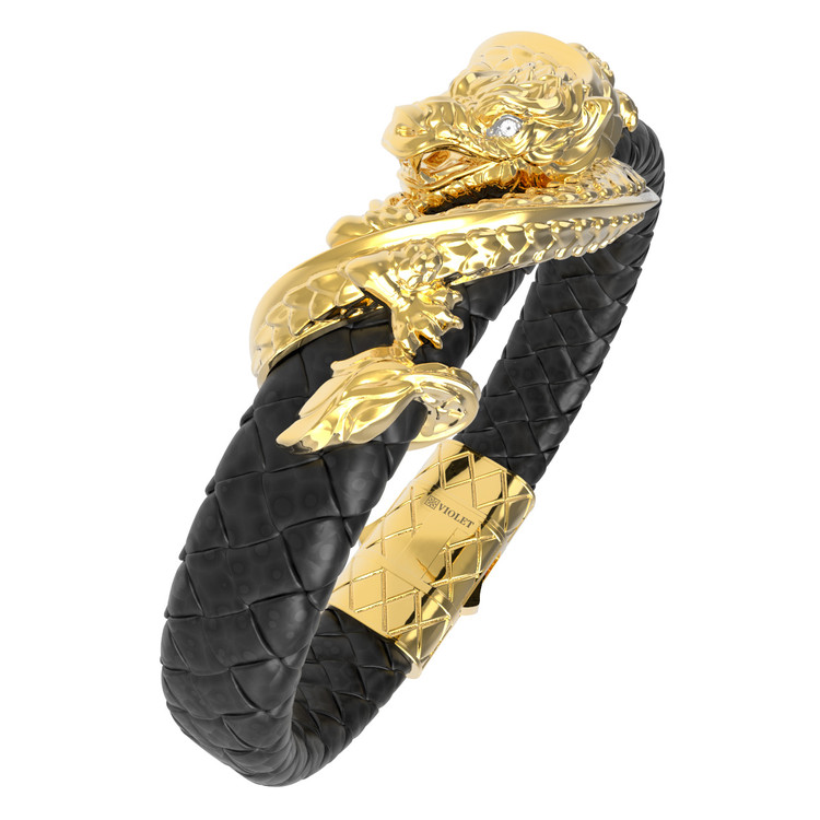 Браслет из лимонного золота 585 пробы c бриллиантами и кожаным шнурком