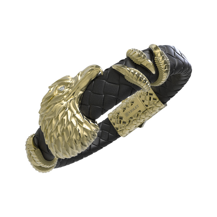 Браслет из лимонного золота 585 пробы c бриллиантами и кожаным шнурком