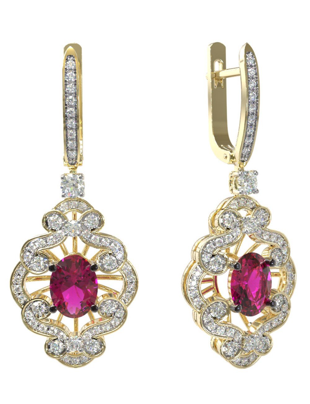 Серьги из лимонного золота c бриллиантами и рубином