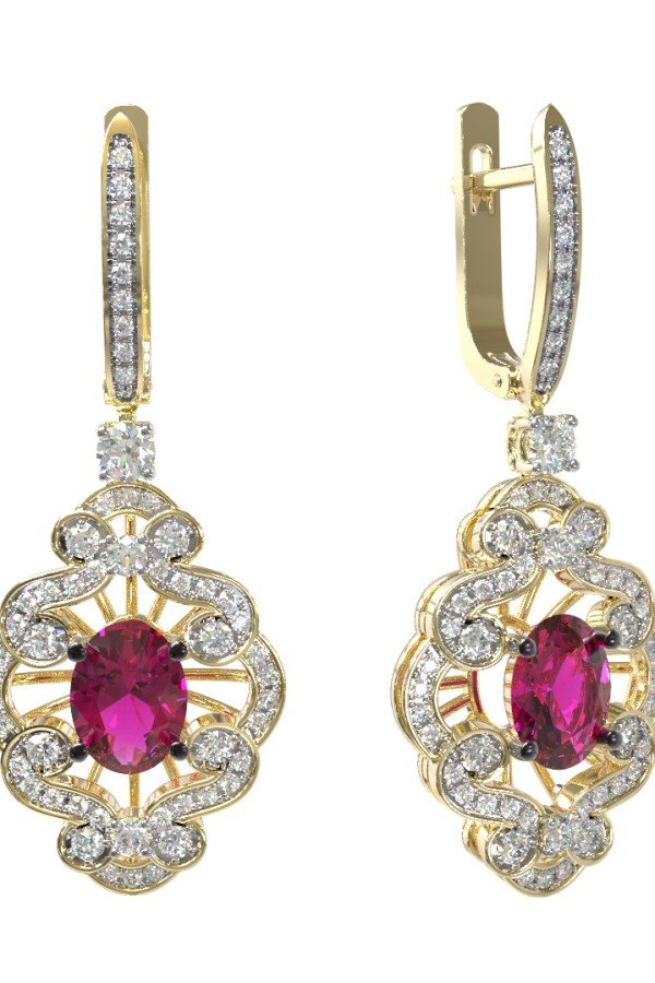 Серьги из лимонного золота c бриллиантами и рубином