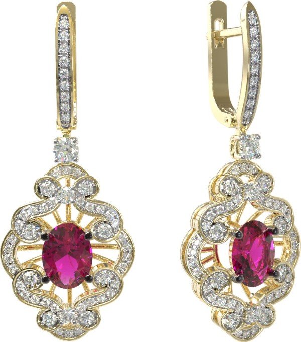 Серьги из лимонного золота c бриллиантами и рубином