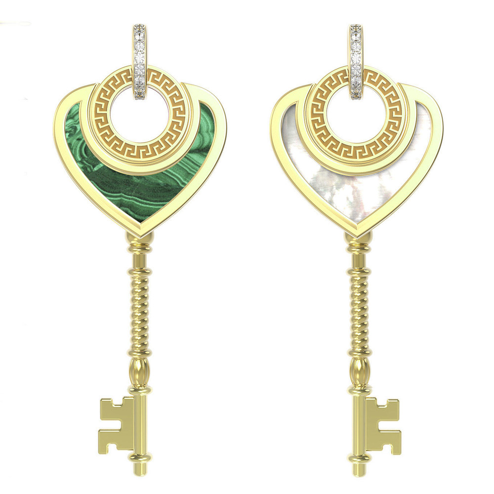 Подвеска из лимонного золота 585 пробы c фианитом, малахитом и перламутром