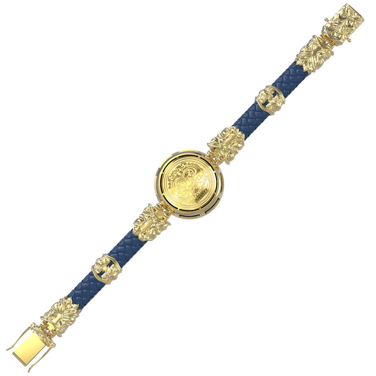 Браслет из лимонного золота 585 пробы c эмалью, кожаным шнурком и ониксом