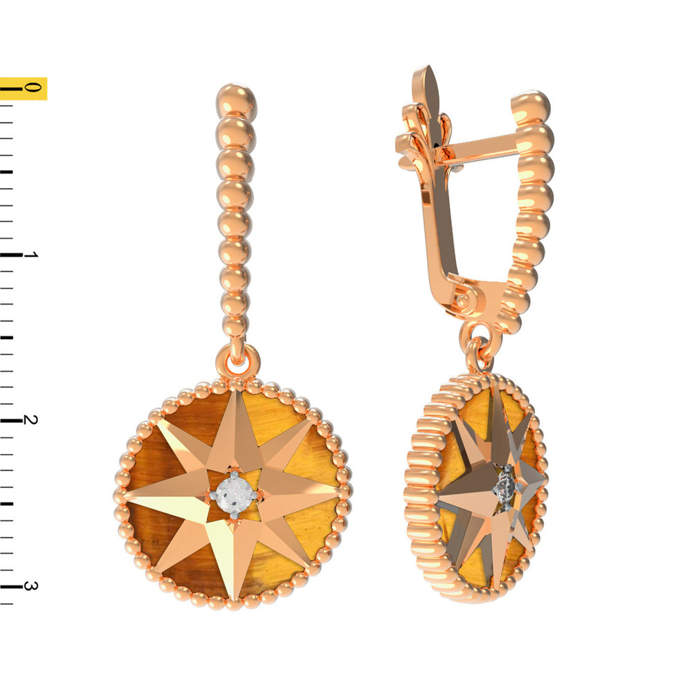 Серьги из красного золота 585 пробы c фианитом и тигровым глазом