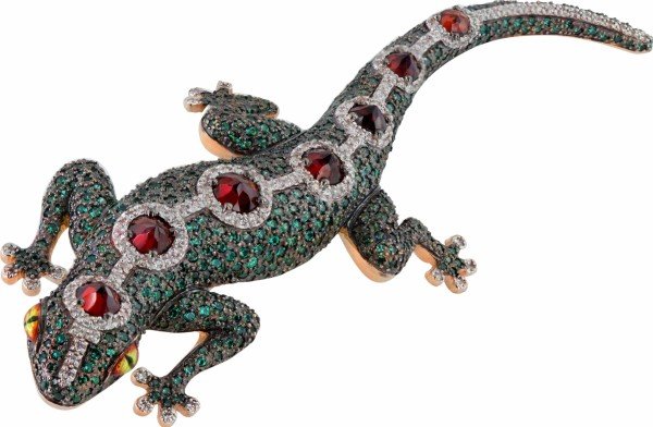 Брошь из золота c эмалью, фианитом и гранатом