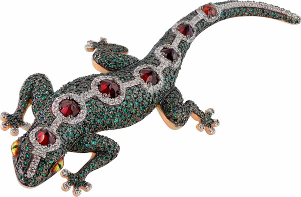 Брошь из красного золота 585 пробы c эмалью, фианитом и гранатом