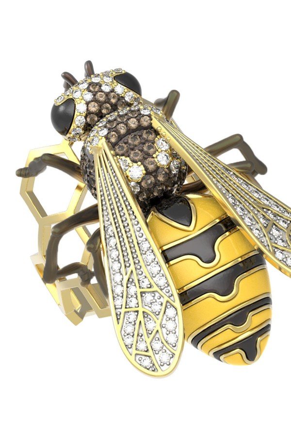 Кольцо из лимонного золота c эмалью и фианитом