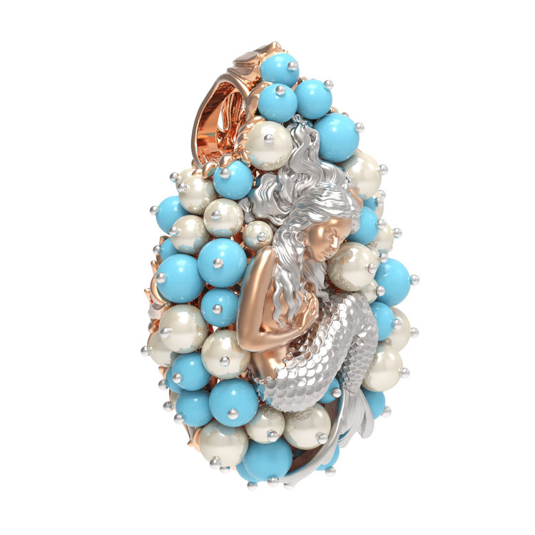 Подвеска из красного золота 585 пробы c жемчугом и бирюзой