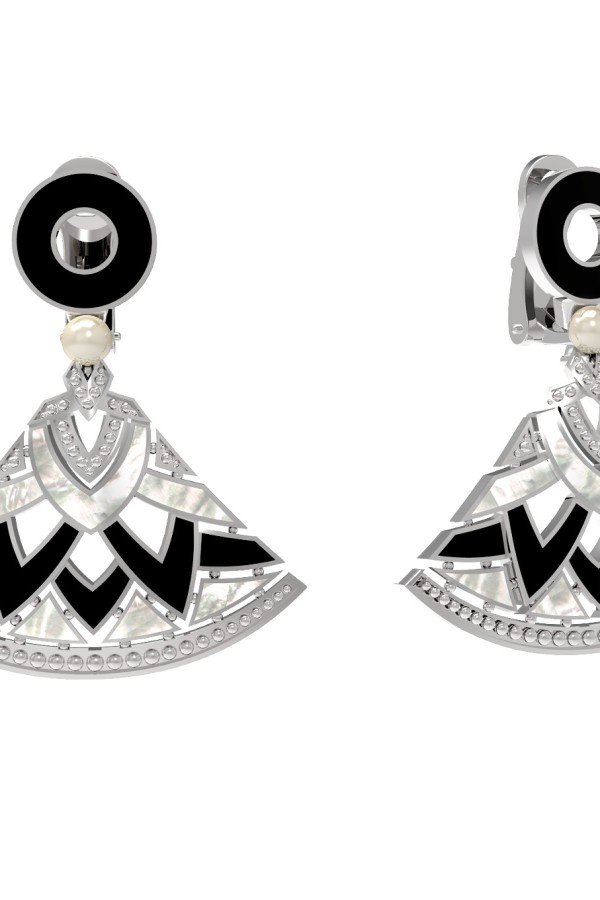 Серьги из белого золота c жемчугом, ониксом и перламутром