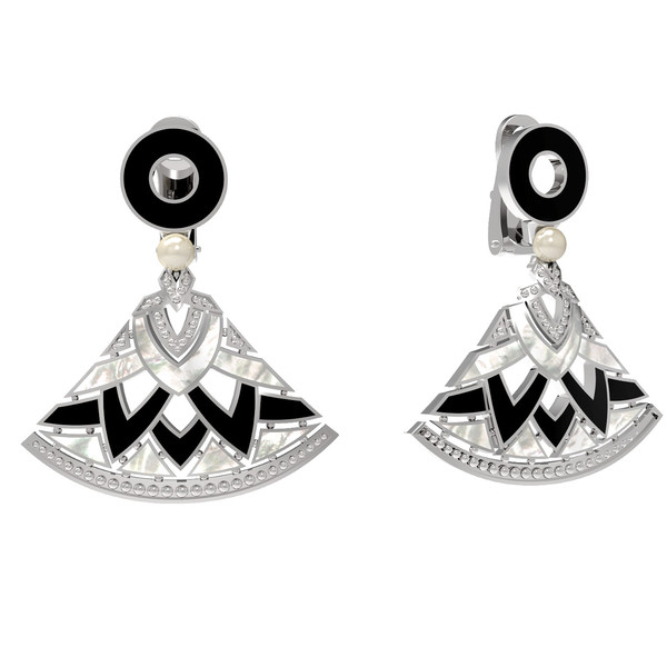 Серьги из белого золота 585 пробы c жемчугом, ониксом и перламутром