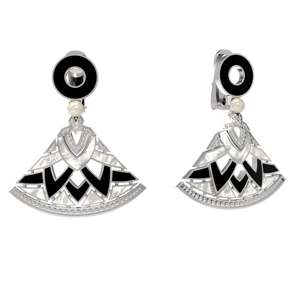 Серьги из белого золота 585 пробы c жемчугом, ониксом и перламутром