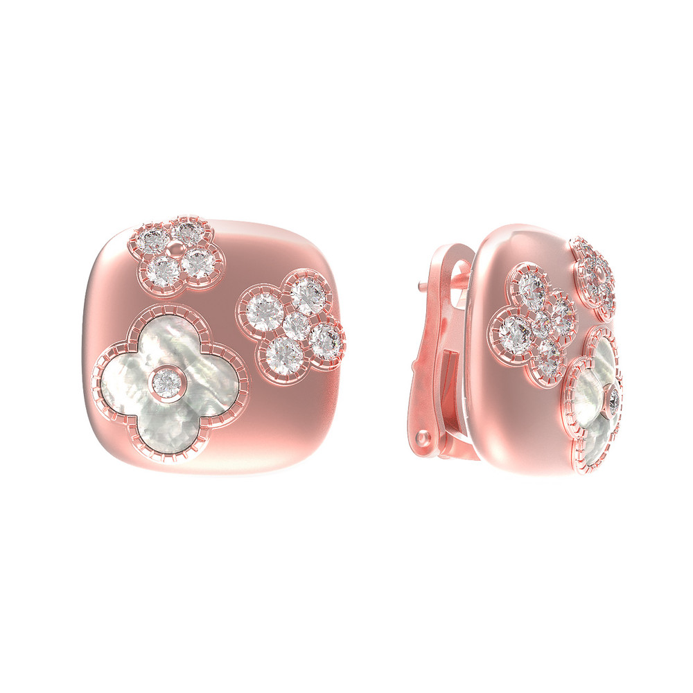 Серьги из розового золота 585 пробы c бриллиантами и перламутром