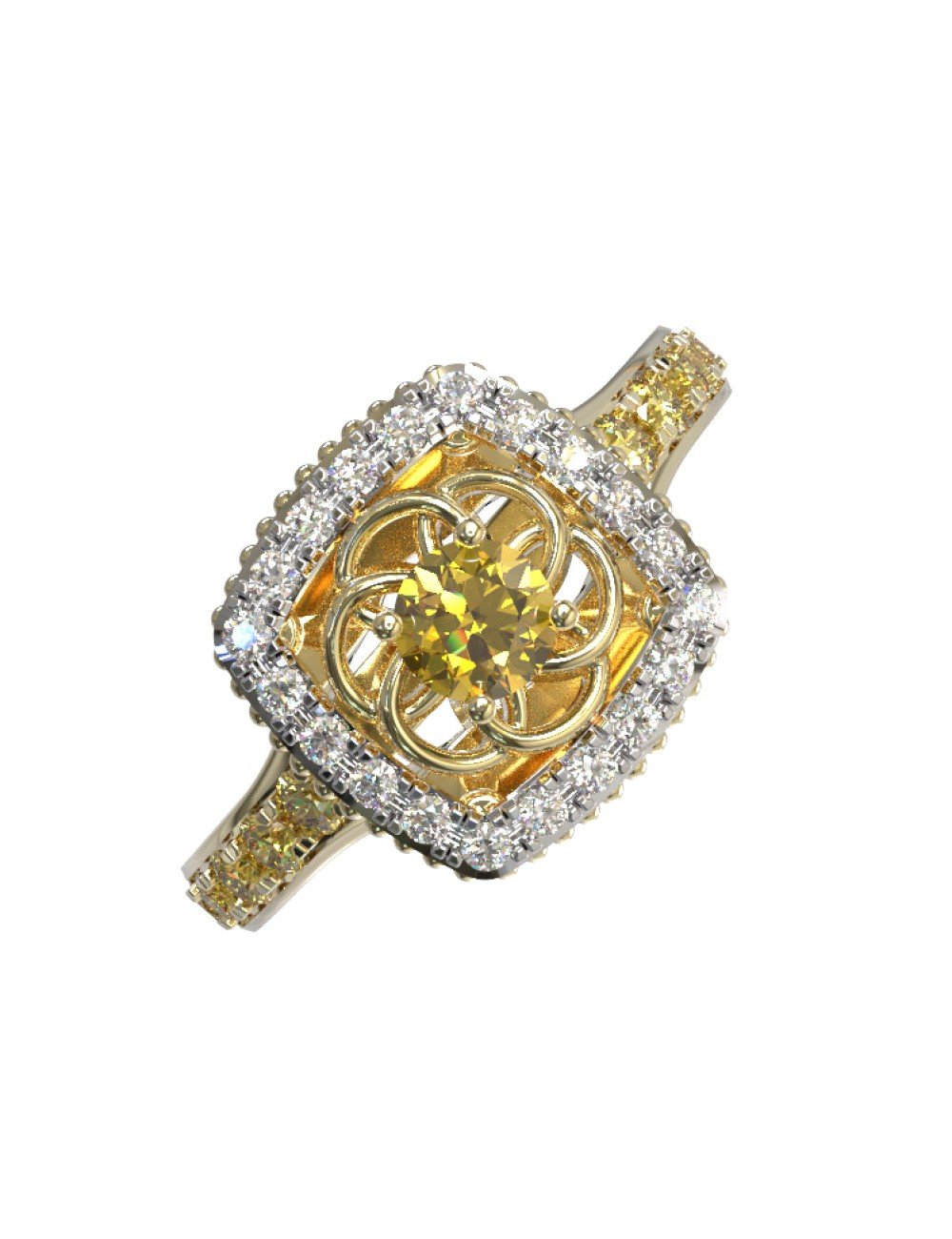 Кольцо из лимонного золота c бриллиантами и сапфиром