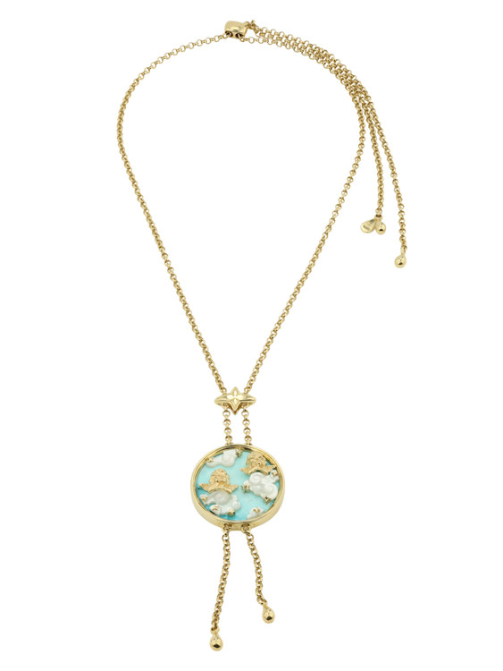 Колье из лимонного золота 585 пробы c бирюзой и перламутром