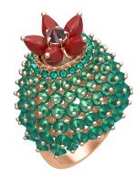 Кольцо из золота c гранатом, хризопразом, изумрудом и кораллом