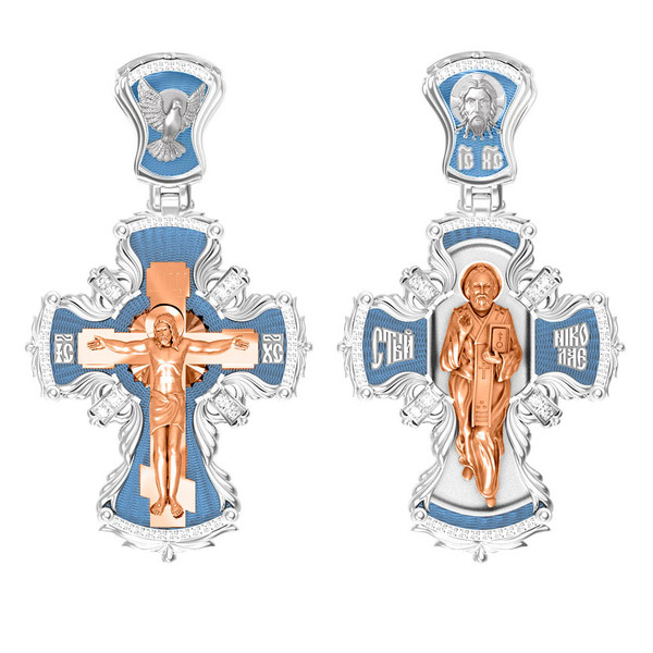 Крест из белого золота 585 пробы c эмалью и бриллиантами