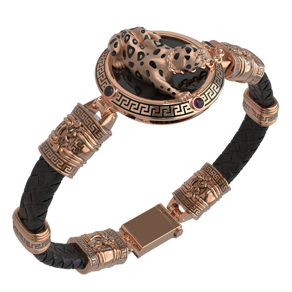 Браслет из красного золота 585 пробы c эмалью, шнурком, ониксом и рубином