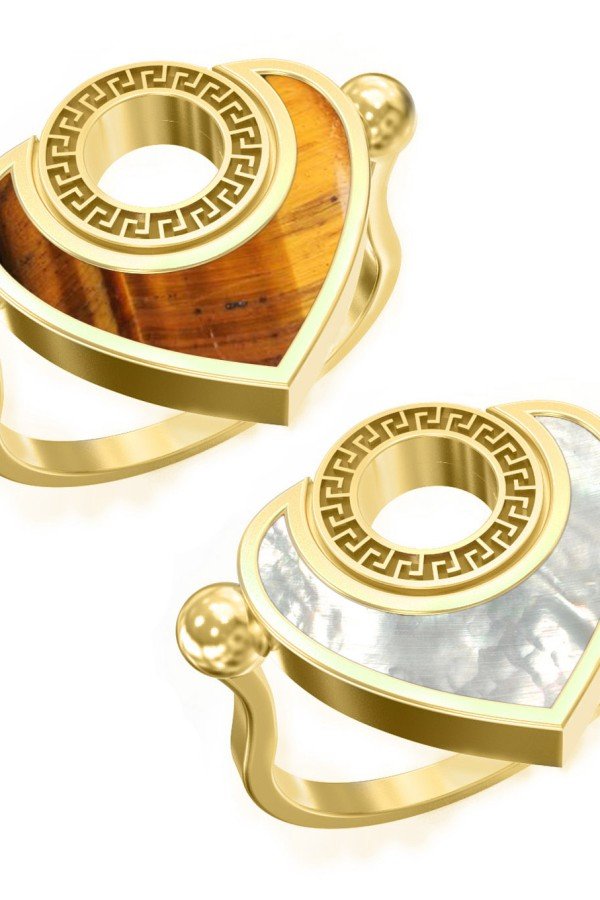 Кольцо из лимонного золота c тигровым глазом и перламутром