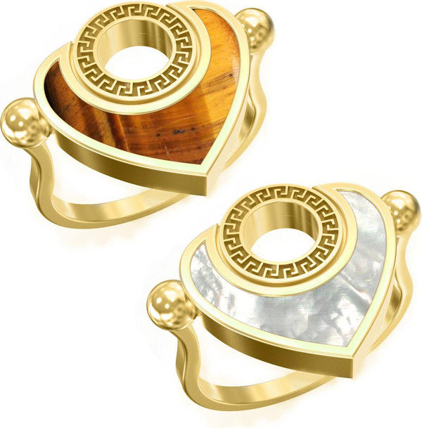 Кольцо из лимонного золота 585 пробы c тигровым глазом и перламутром