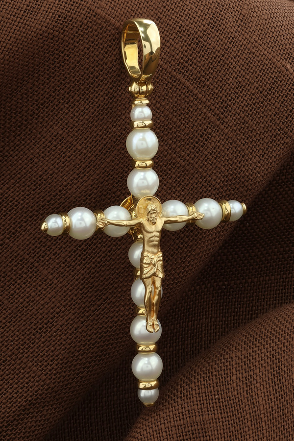 Крест из лимонного золота 585 пробы c жемчугом