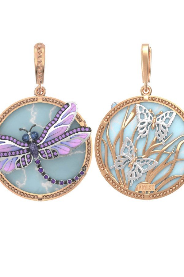 Подвеска из золота c бирюзой, аметистом и эмалью