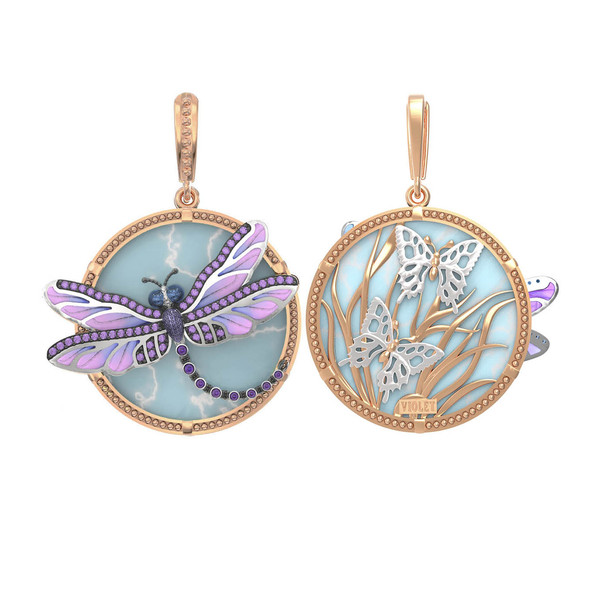 Подвеска из красного золота 585 пробы c бирюзой, аметистом и эмалью