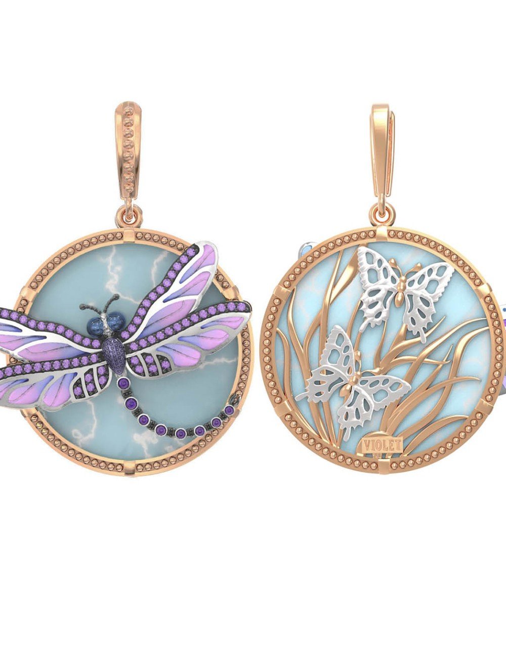 Подвеска из золота c бирюзой, аметистом и эмалью