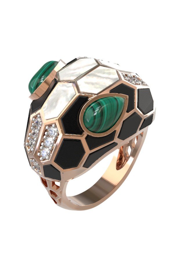 Кольцо из золота c бриллиантами, рубином, ониксом, малахитом и перламутром
