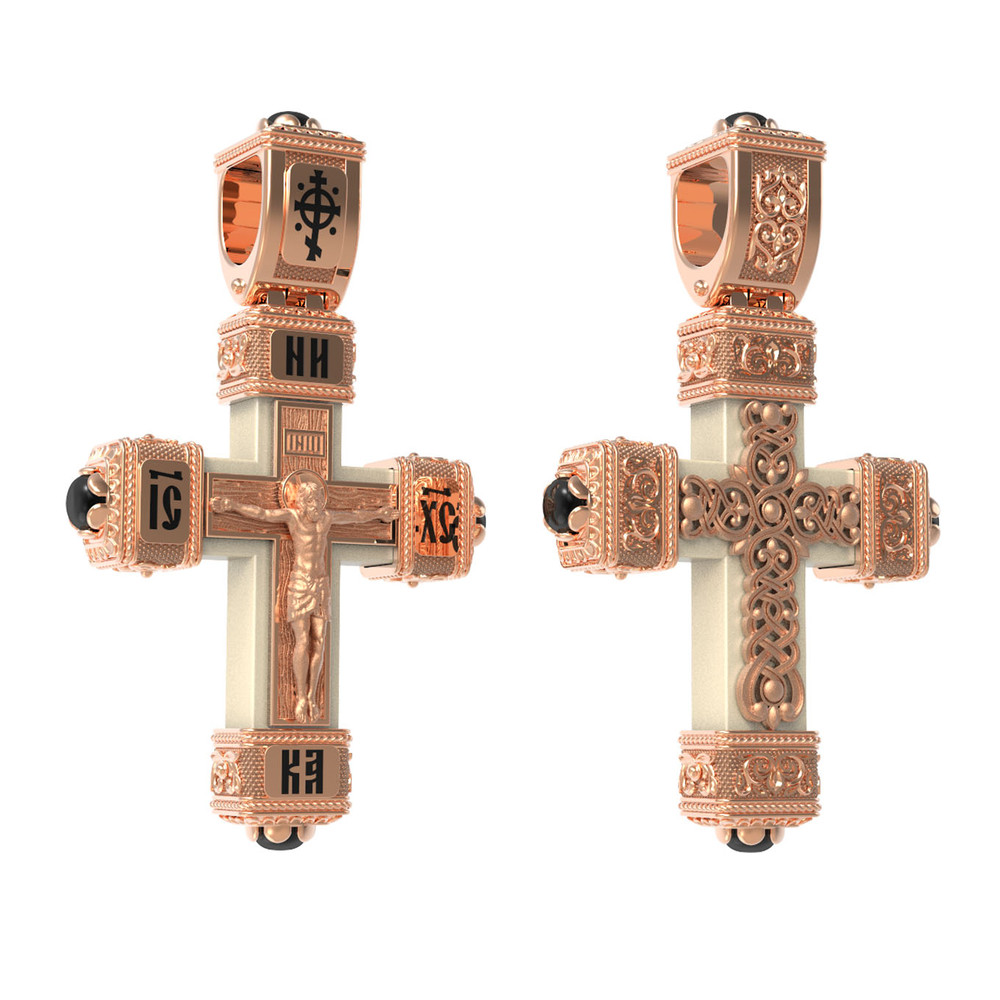 Крест из красного золота 585 пробы c эмалью, ониксом и бивнем мамонта