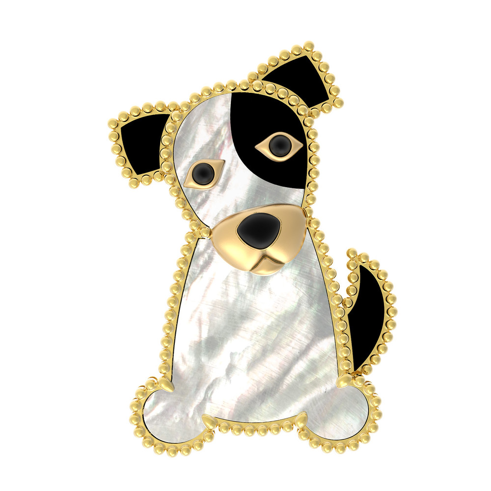 Брошь-подвеска из лимонного золота 585 пробы c эмалью, ониксом и перламутром