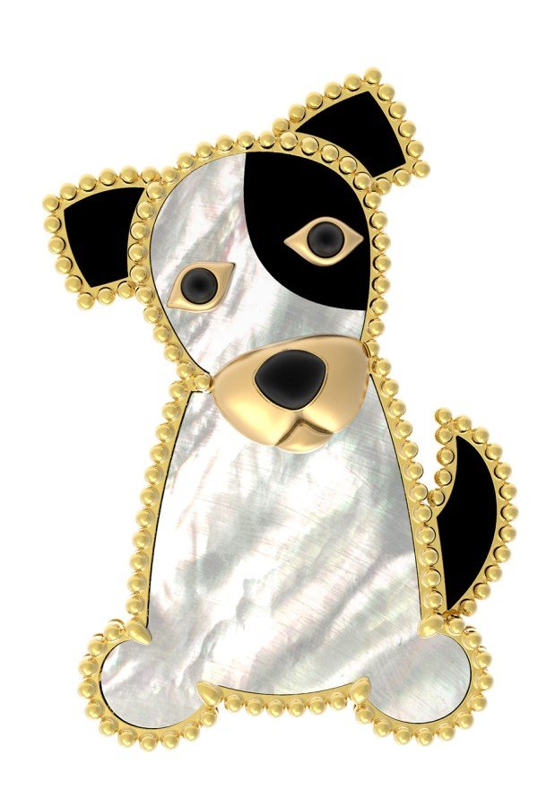 Брошь из лимонного золота c эмалью, ониксом и перламутром