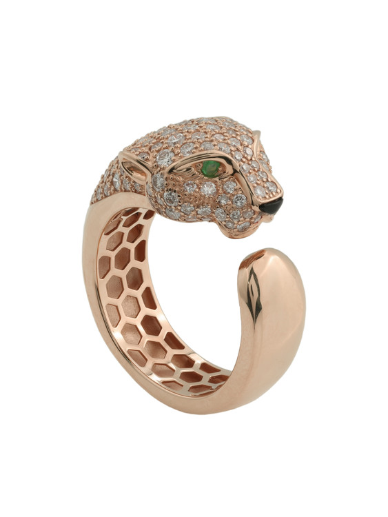 Кольцо из розового золота 585 пробы c бриллиантами, изумрудом и ониксом