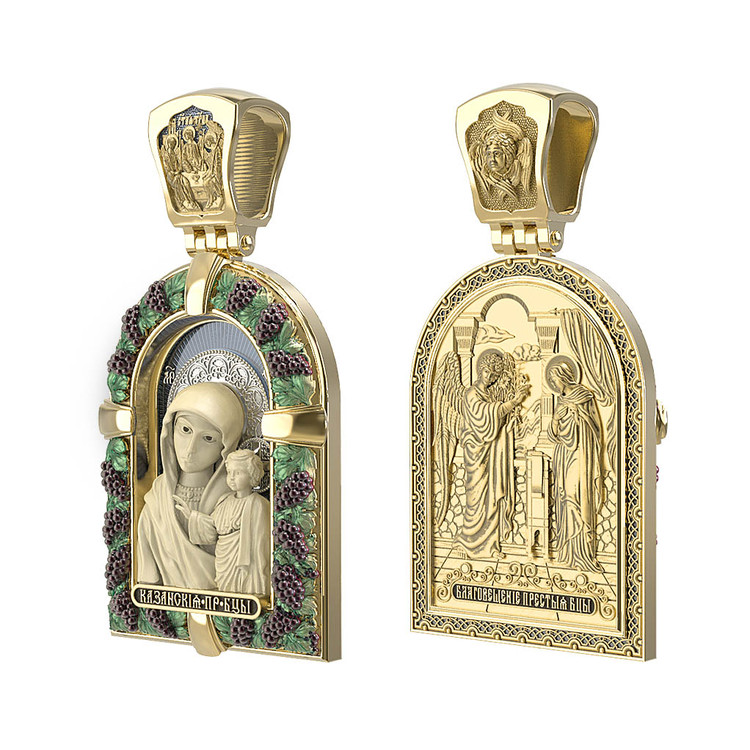 Нательная икона из лимонного золота 585 пробы c эмалью и бивнем мамонта