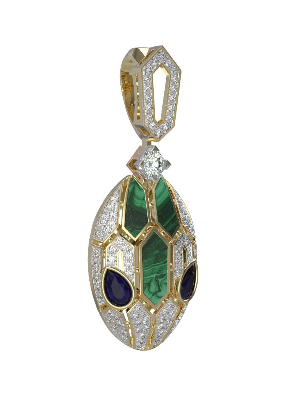 Подвеска из лимонного золота c бриллиантами, сапфиром и малахитом