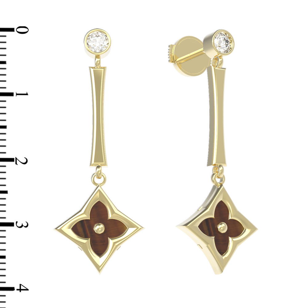 Серьги из лимонного золота 585 пробы c фианитом и тигровым глазом