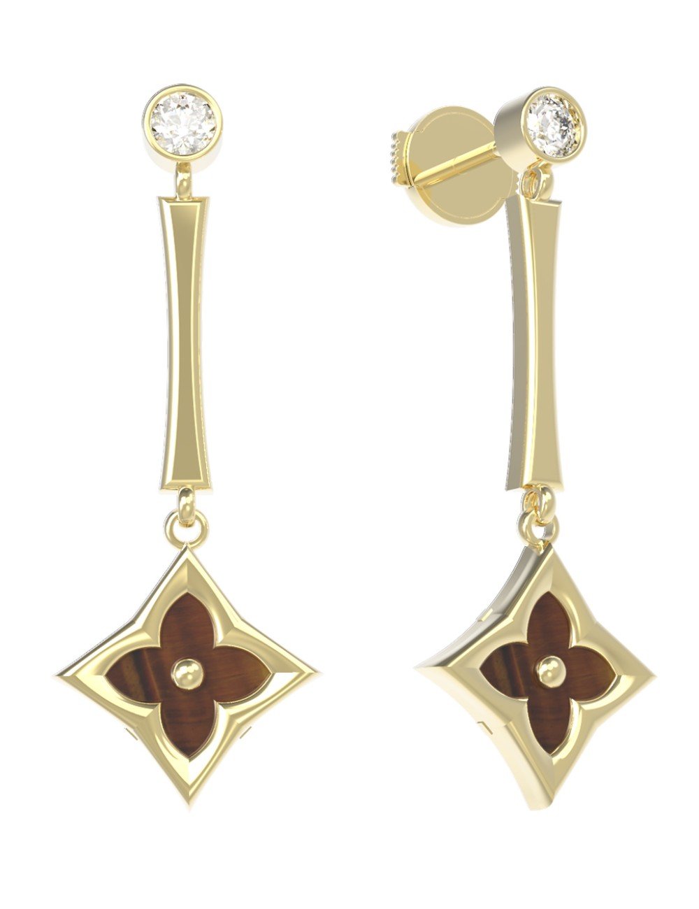 Серьги из лимонного золота c фианитом и тигровым глазом