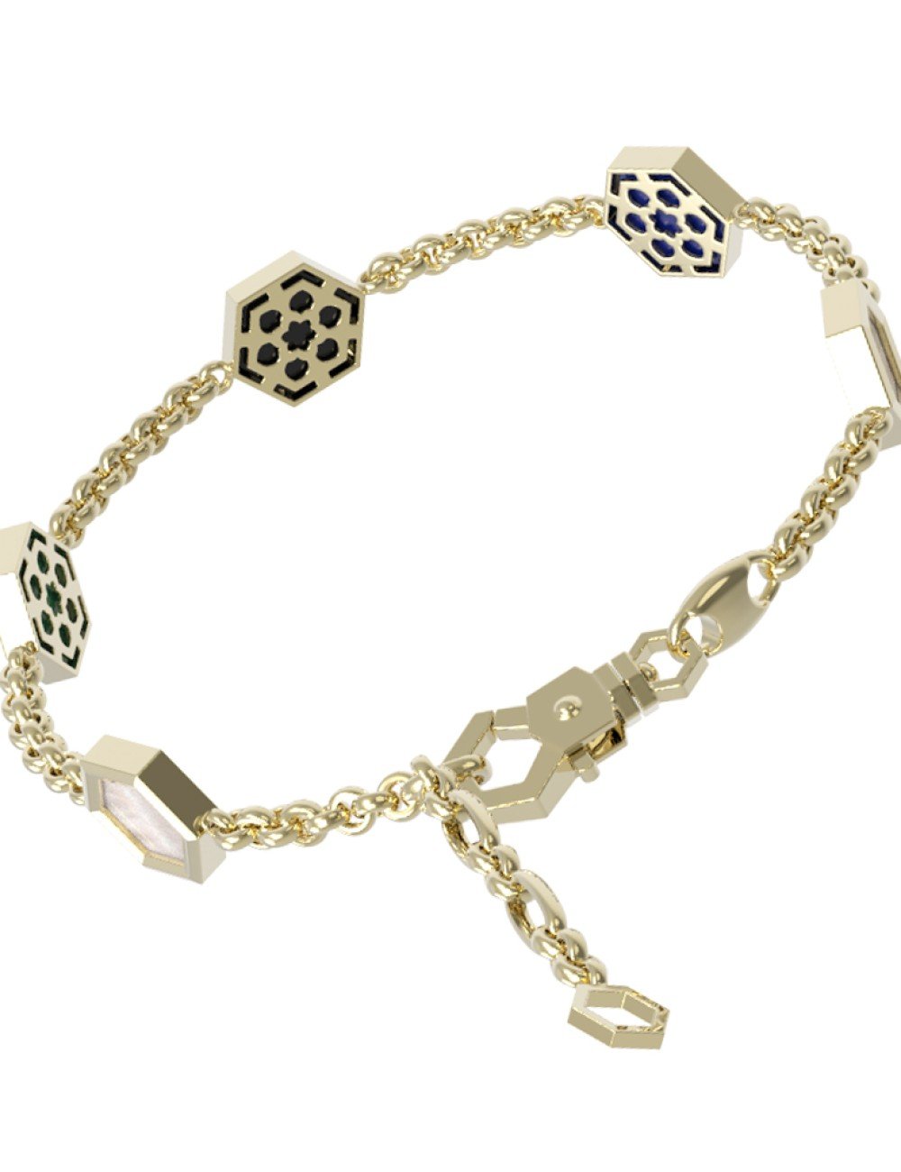 Браслет из лимонного золота c ониксом, лазуритом, малахитом и перламутром