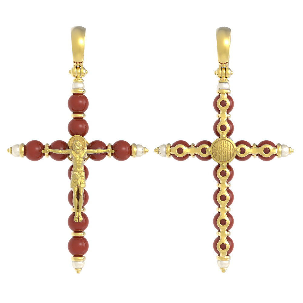 Крест из лимонного золота 585 пробы c жемчугом и кораллом