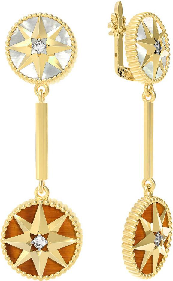 Серьги из лимонного золота 585 пробы c фианитом, тигровым глазом и перламутром