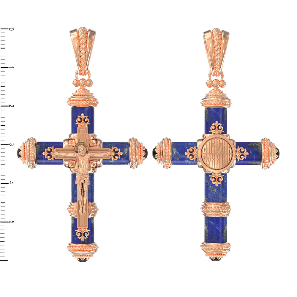Крест из красного золота 585 пробы c ониксом и лазуритом
