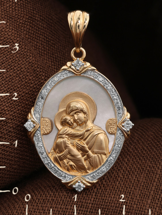 Нательная икона из красного золота 585 пробы c бриллиантами и перламутром